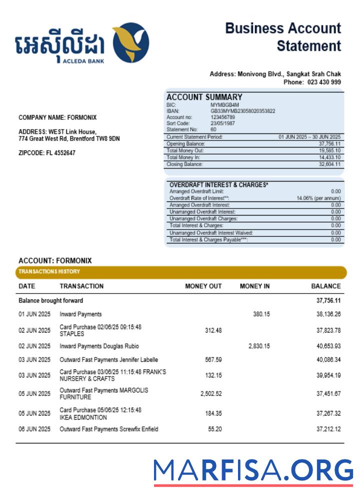 Downloadable Acleda company statement Word and PDF format download for verification